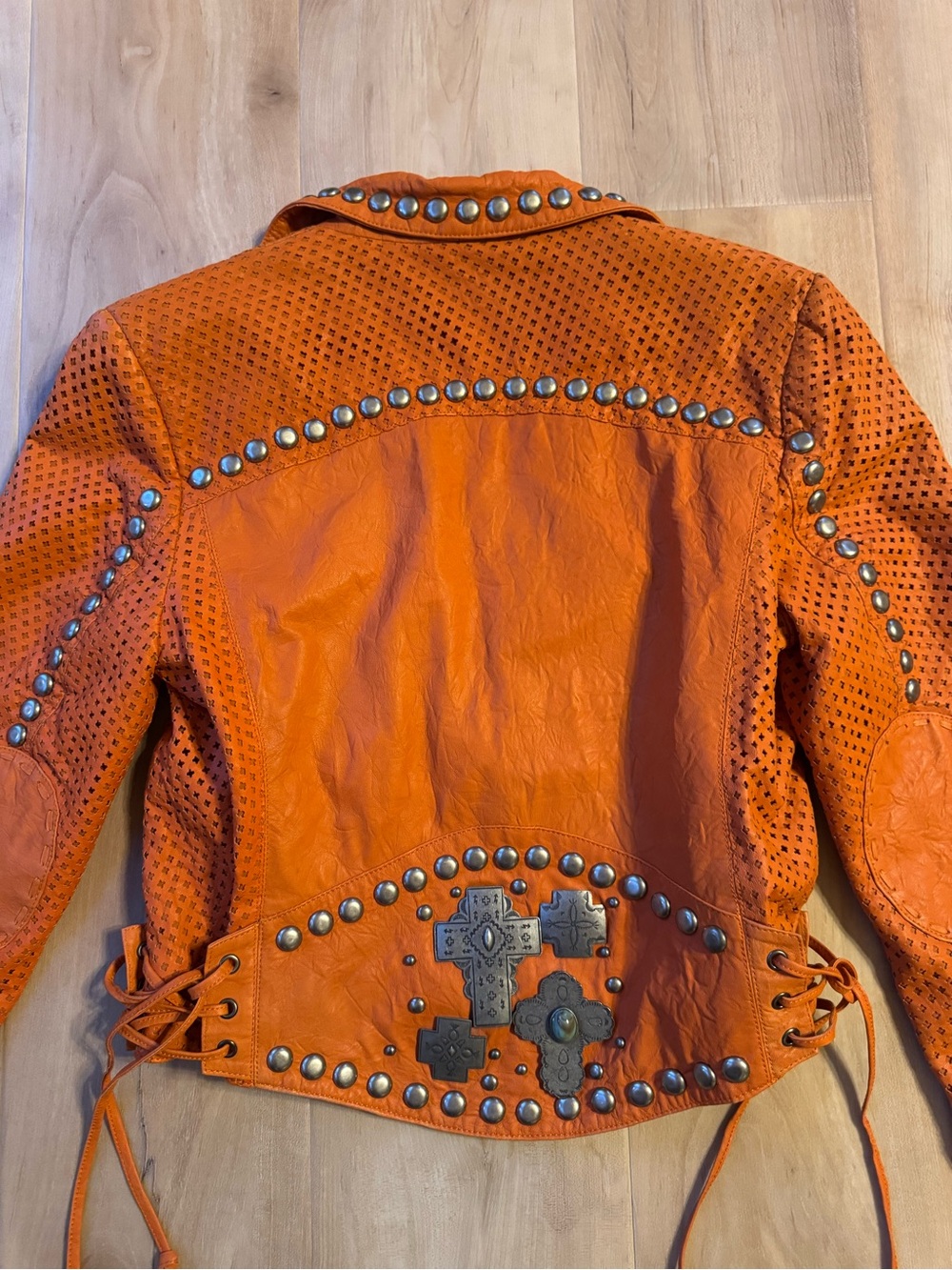 Double D Ranch Orange Leather Silver Studded Jacket - Picture 7 of 11